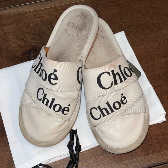 CHLOE WOODY LOGOED CANVAS & LEATHER WHITE MULE SLIPPERS Sz. 38/ US 8 - Picture 3 of 17